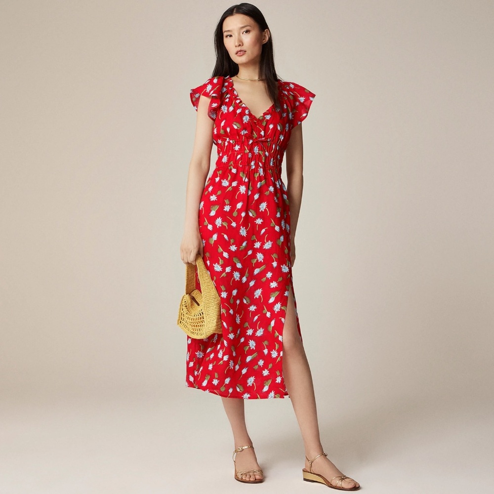 J. Crew Red Floral V-Neck Midi Dress with Flutter Sleeves